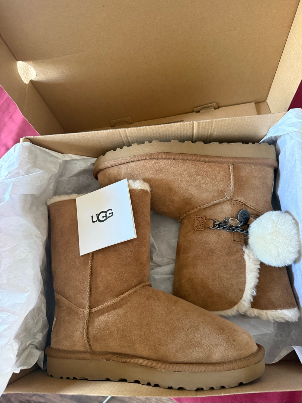 UGG Chestnut Suede Shearling Pom Pom Boots